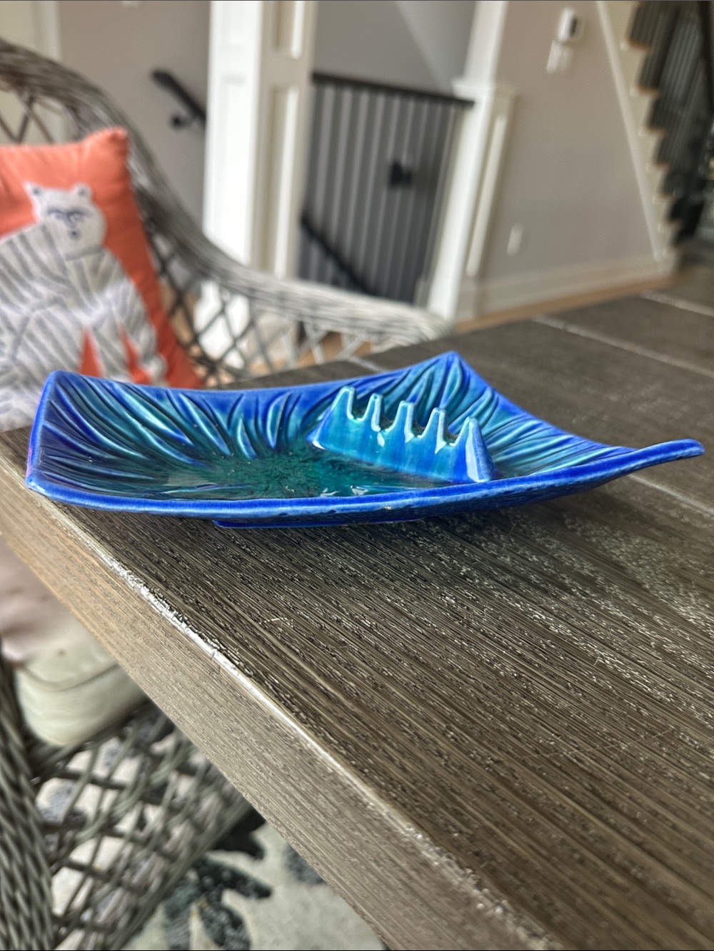 Mid century modern collectible blue and green ashtray rare 5x7 vintage califor - Picture 4 of 5